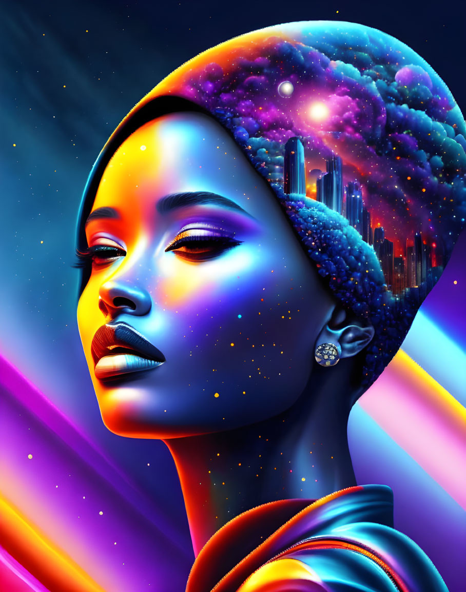 Colorful digital artwork: woman with cosmic head, cityscape, starry sky, neon background