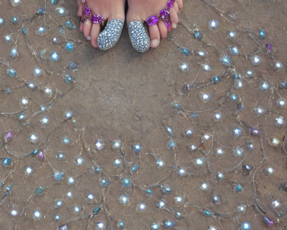 Child's Feet in Purple Anklets and Sparkly Silver Shoes Among Colorful Sequins