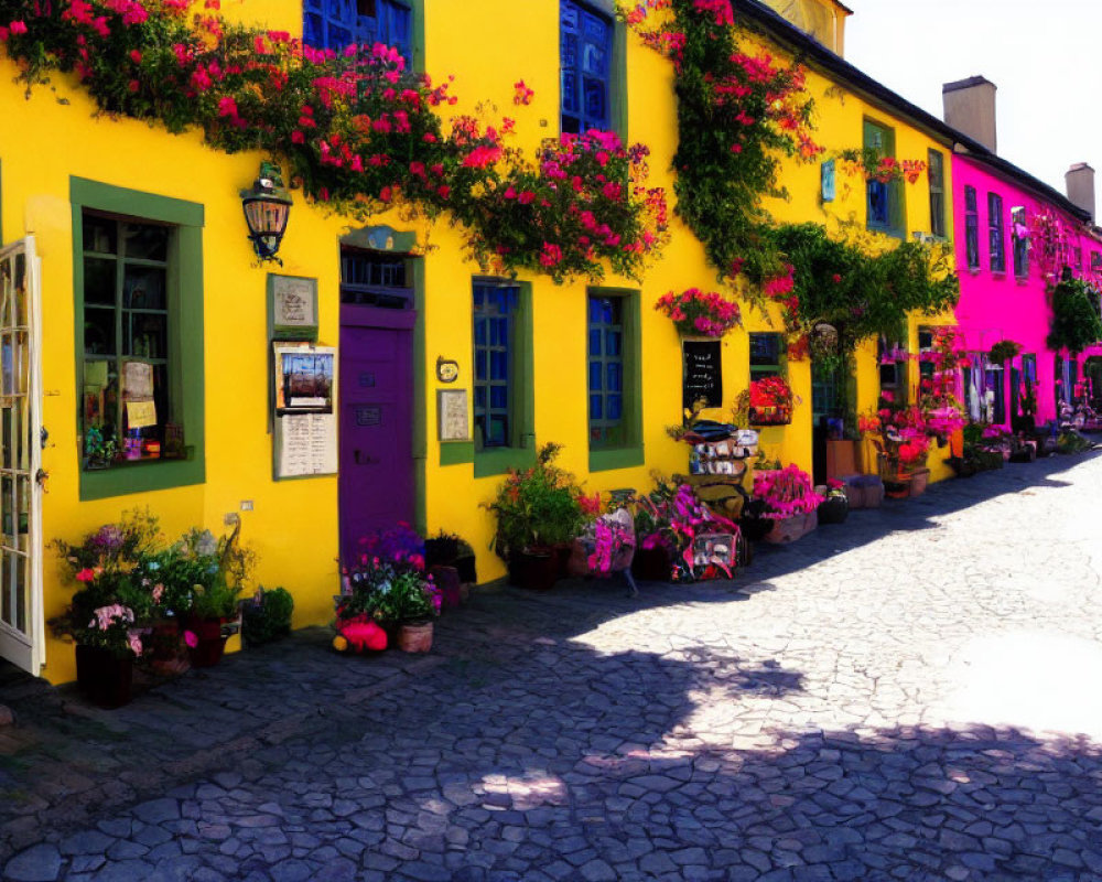 Colorful cobblestone street with yellow building, pink flowers, green windows, and lanterns.