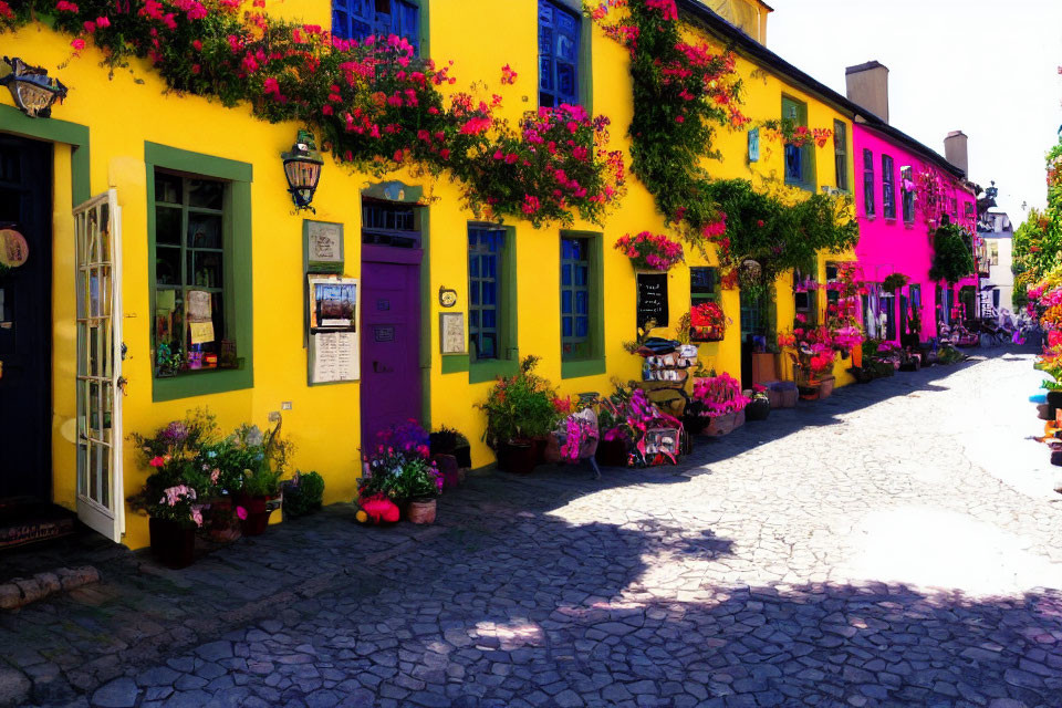 Colorful cobblestone street with yellow building, pink flowers, green windows, and lanterns.