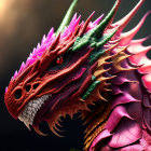 Fantastical dragon with red eyes, green horns, and purple spines on dark background