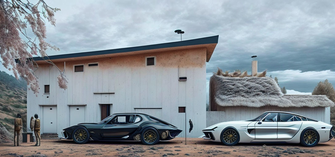Contemporary house with thatched roof and modern cars parked outside.