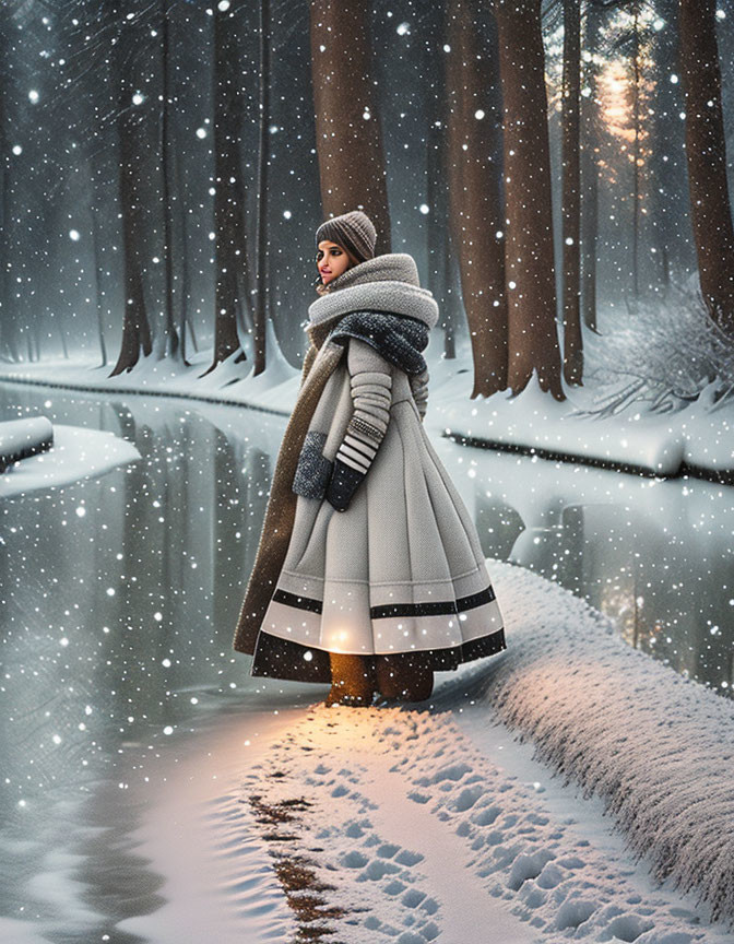 Person in warm coat by snowy river in serene winter forest.