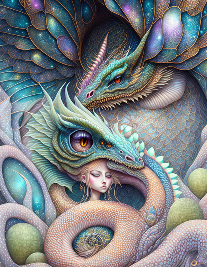 Intricate fantasy artwork: two dragons with a woman, detailed background