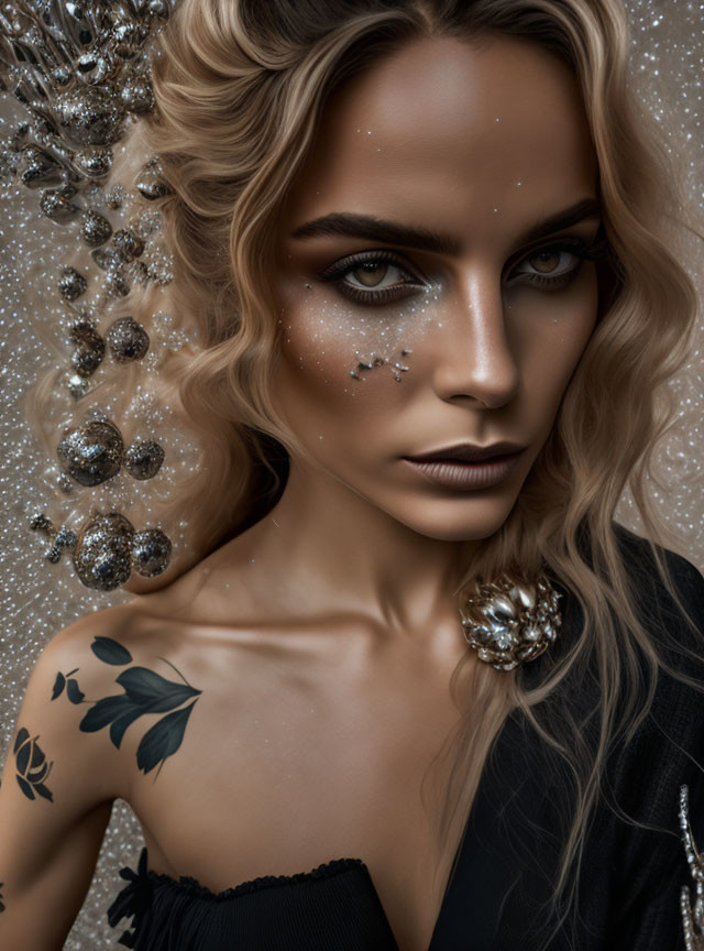 Woman with shimmering star makeup, silver hair accessories, and floral shoulder tattoo
