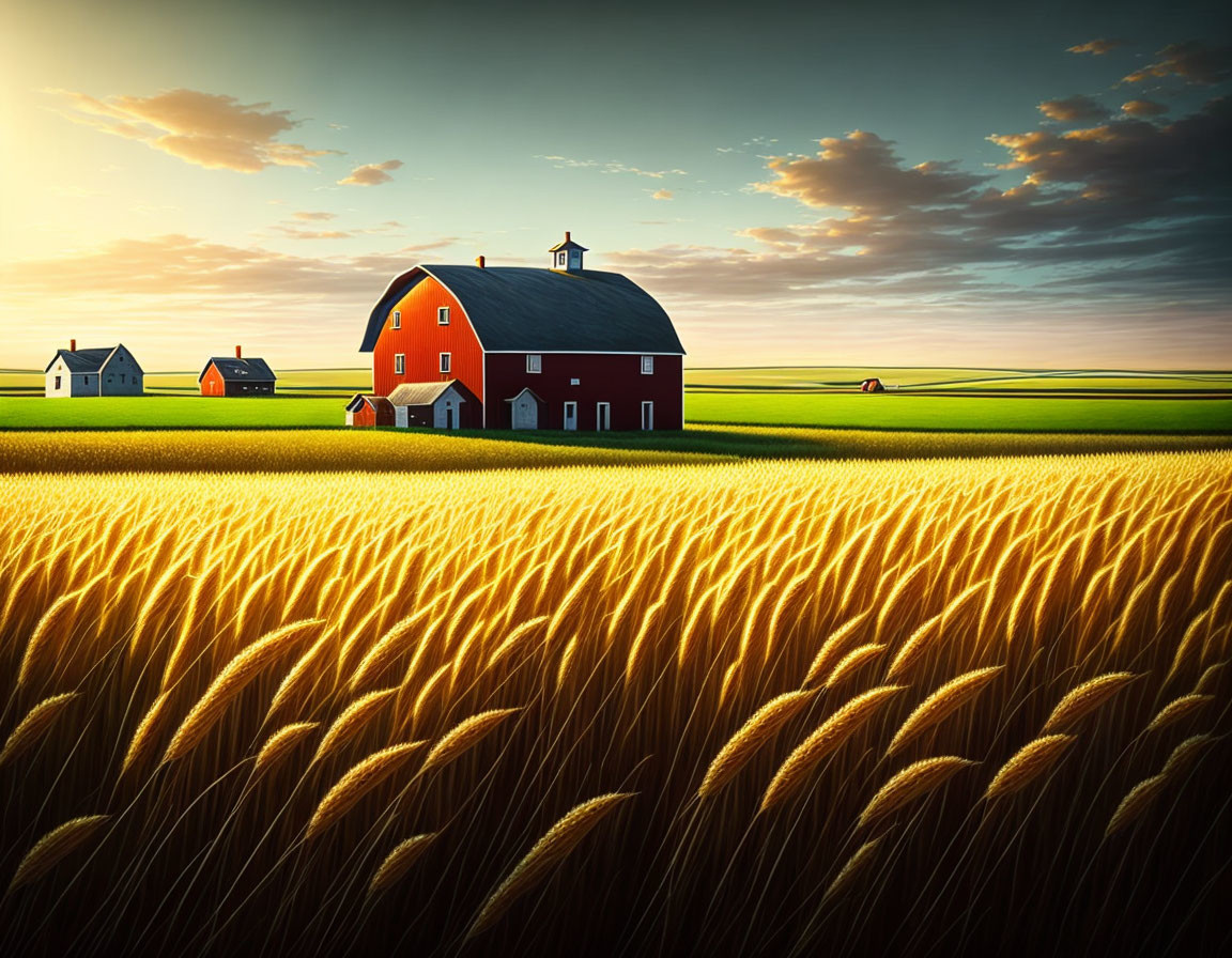 Rural landscape: Golden wheat field, red barn, farmhouses, vibrant sunset sky
