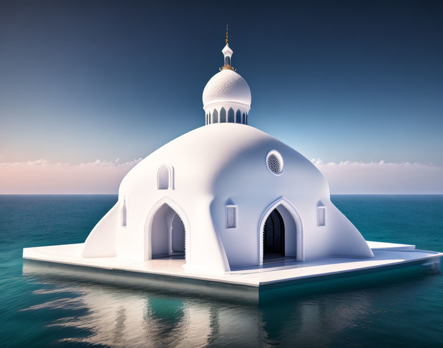 A simple white mosque in the middle of the sea