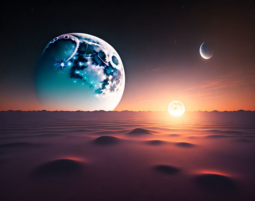 Surreal landscape with moon, sun, and dunes at twilight