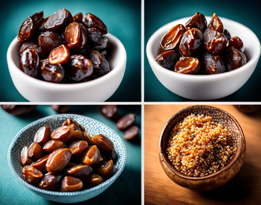 Close-Up Views of Glossy Brown Tamarind Seeds in Various Dishes