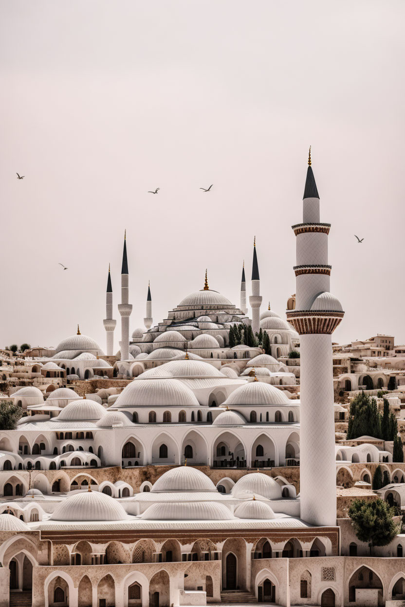 Mosque complex with domes and minarets under hazy sky