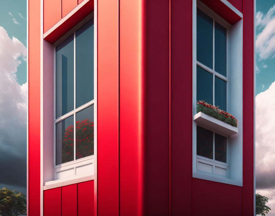 Vivid Red Building with White Windows and Flowers Against Cloudy Sky