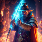 Wizard in ornate robes conjuring blue magical energy with staff and mystical backdrop