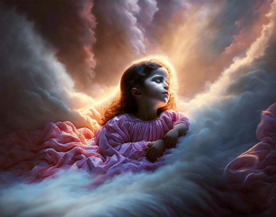 Young girl in pink dress lying on clouds under dramatic sunbeams
