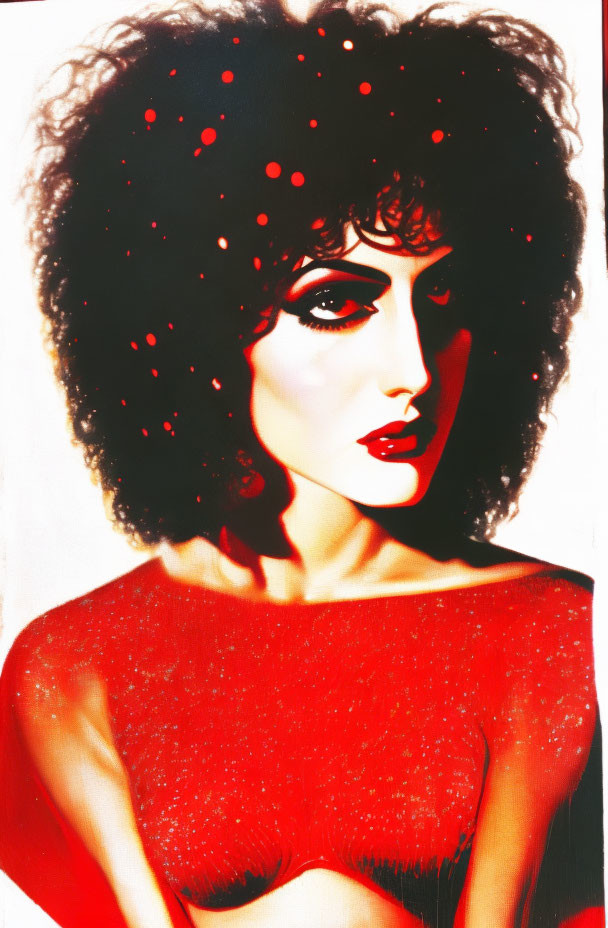 Stylized portrait of woman with voluminous curly hair and dramatic makeup in red top