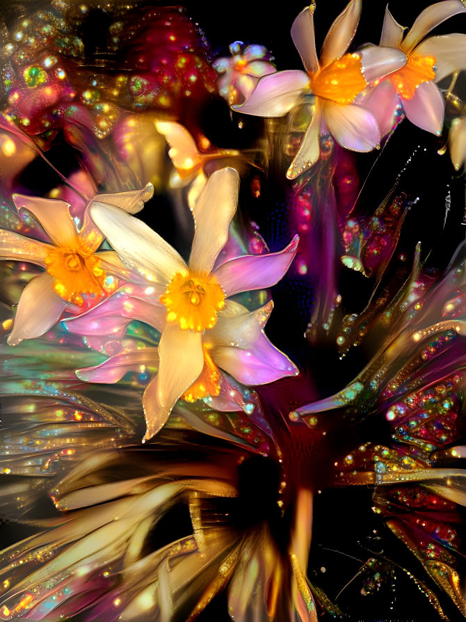 Bejeweled daffodil at night