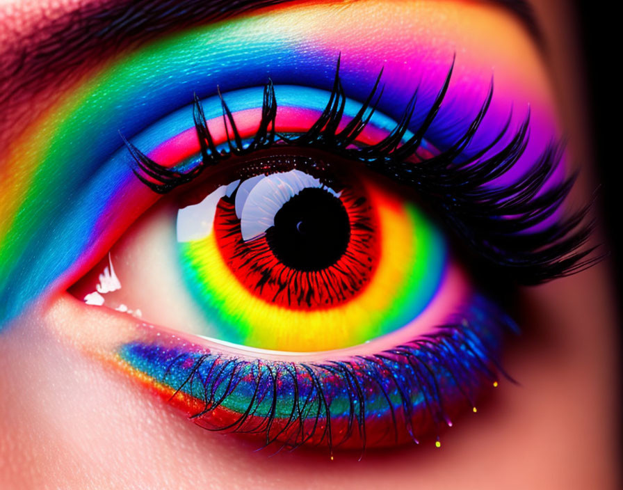Eye with Rainbow-Colored Makeup and Glitter Detail