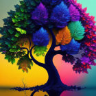 Vibrant tree with green to red gradient on multicolored backdrop