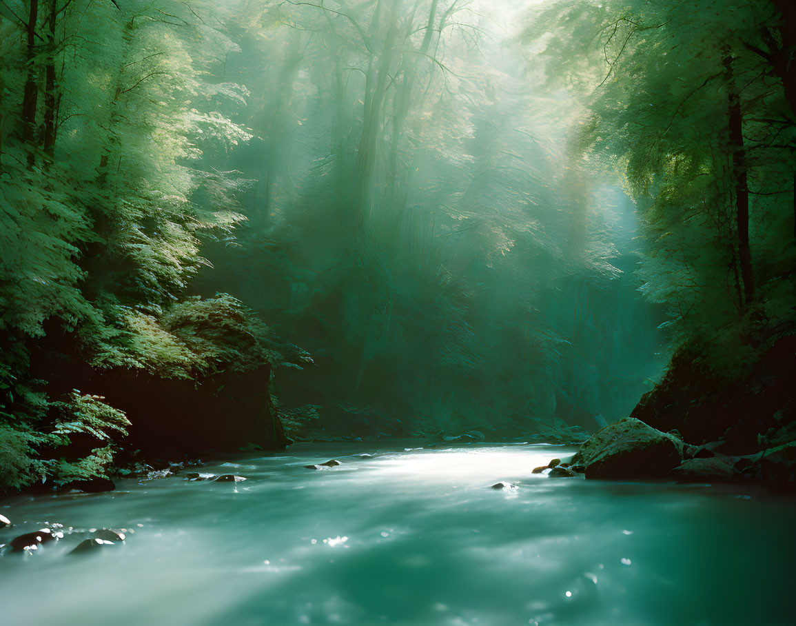 Misty forest river with sunbeams and lush green foliage