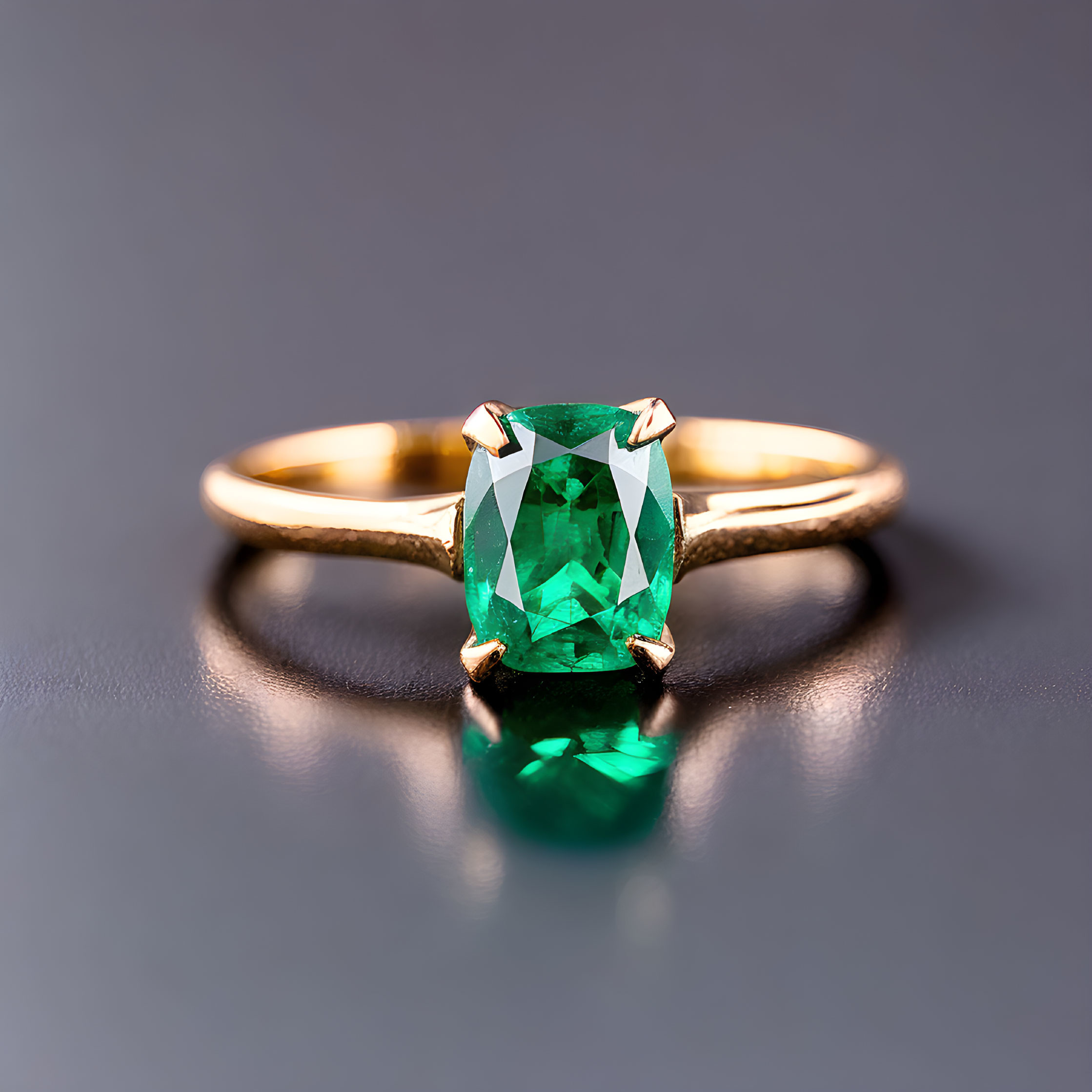 Gold Ring with Large Emerald-Cut Green Gemstone on Reflective Surface
