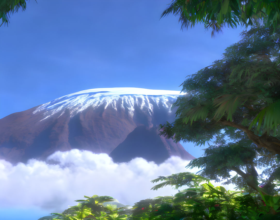 Snow-capped Mount Kilimanjaro above clouds and greenery