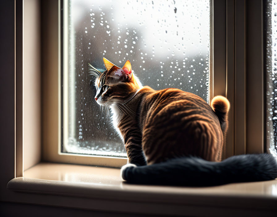 a cat on the windowsill with a rainy day