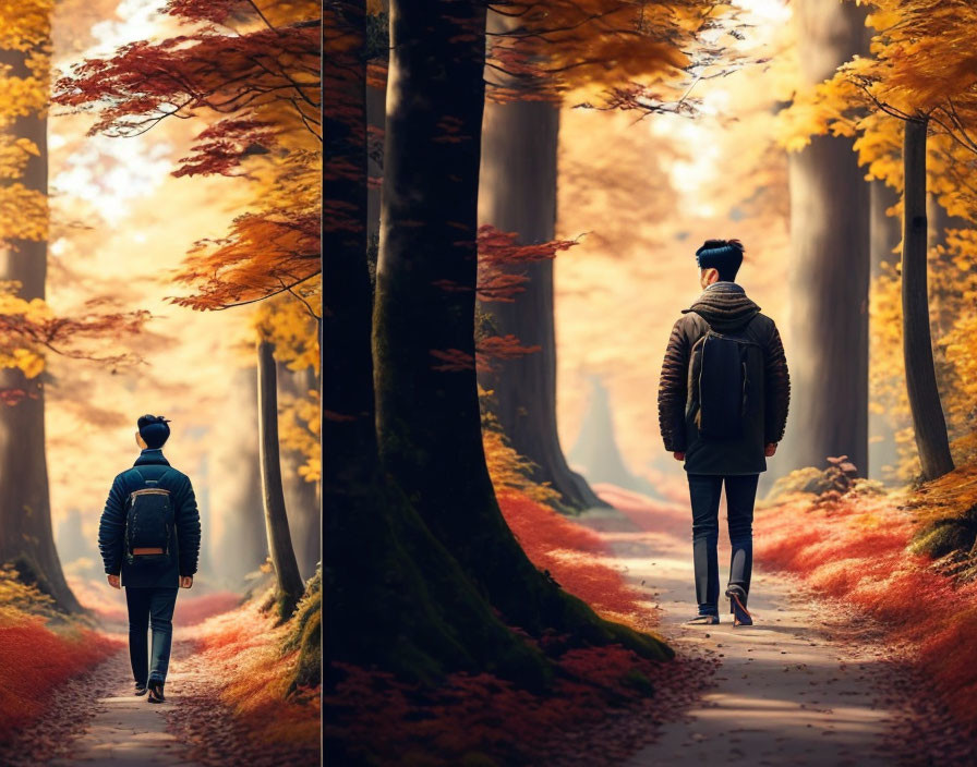  boy walking in the autumn forest