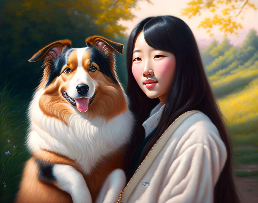 sweet korean girl with a puppy collie oil painting