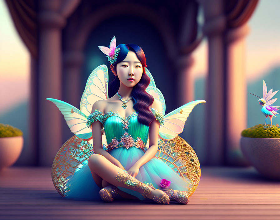 korean fairy sitting on the terrace 3d photomanipu