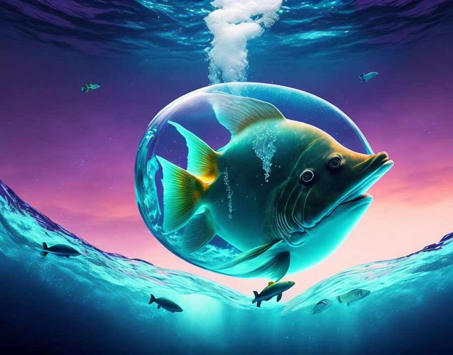 Colorful underwater scene with large fish in bubble rising from ocean