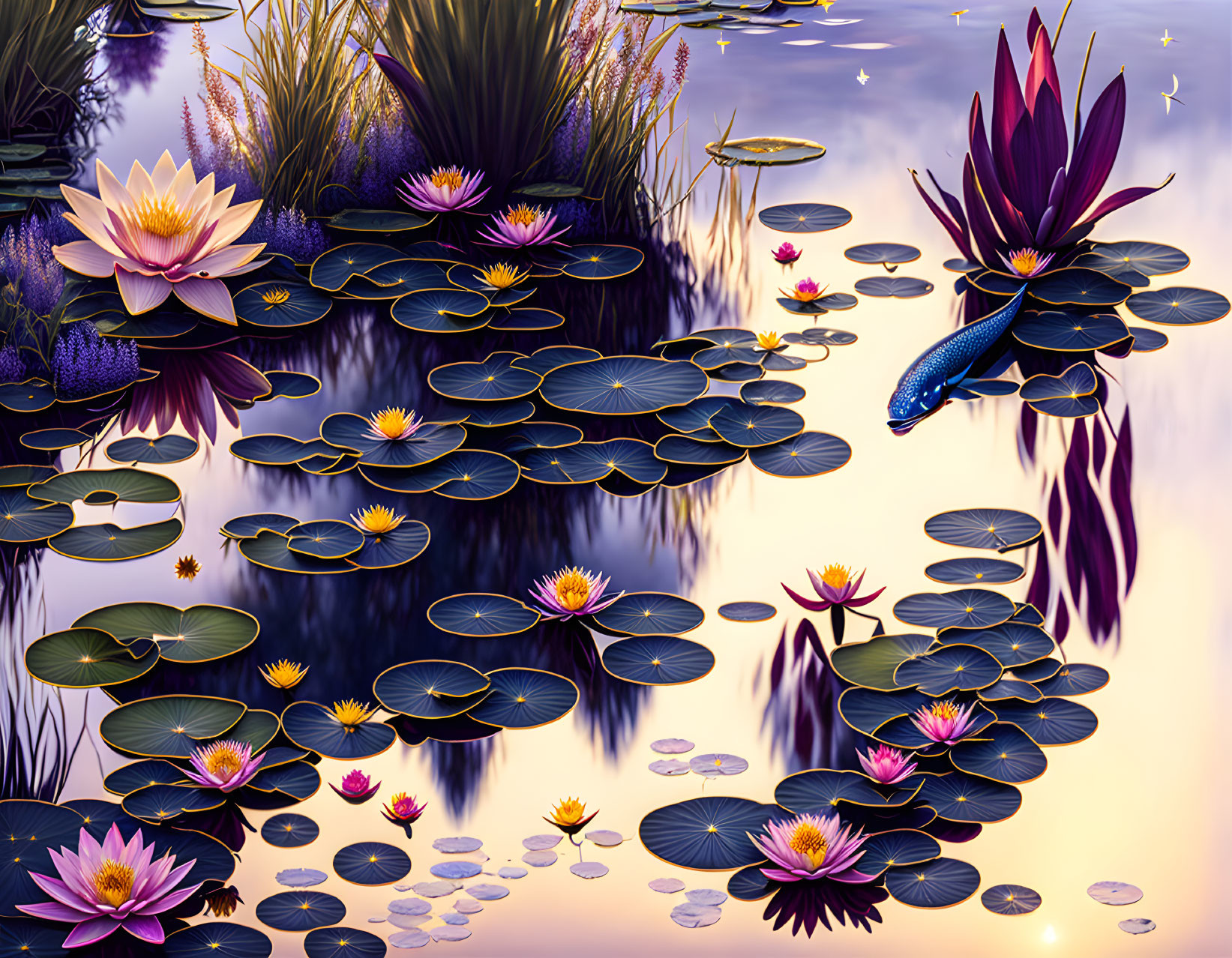 Digital artwork: Serene pond with lily pads, lotus flowers, koi fish, twilight