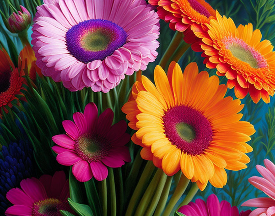 Colorful Gerbera Daisy Bouquet on Blue Background