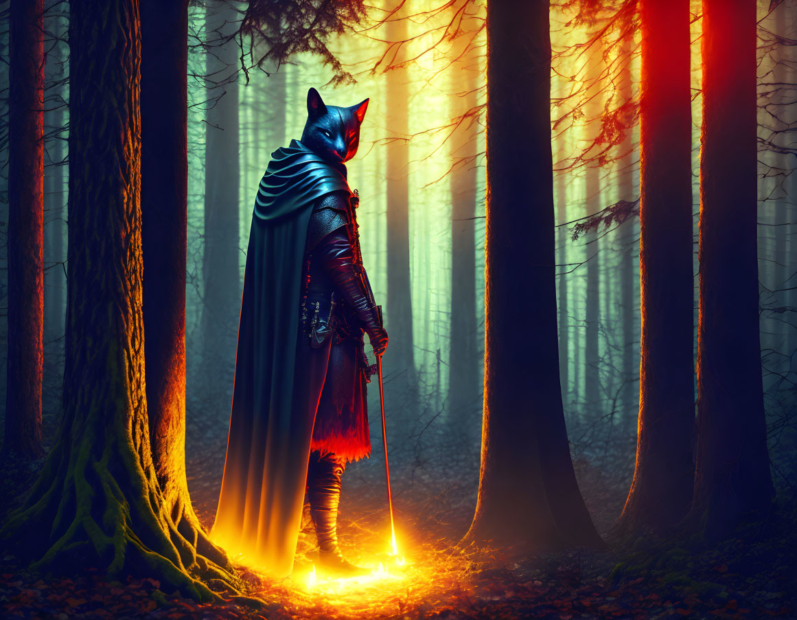 Mysterious medieval knight in dark forest with orange glow