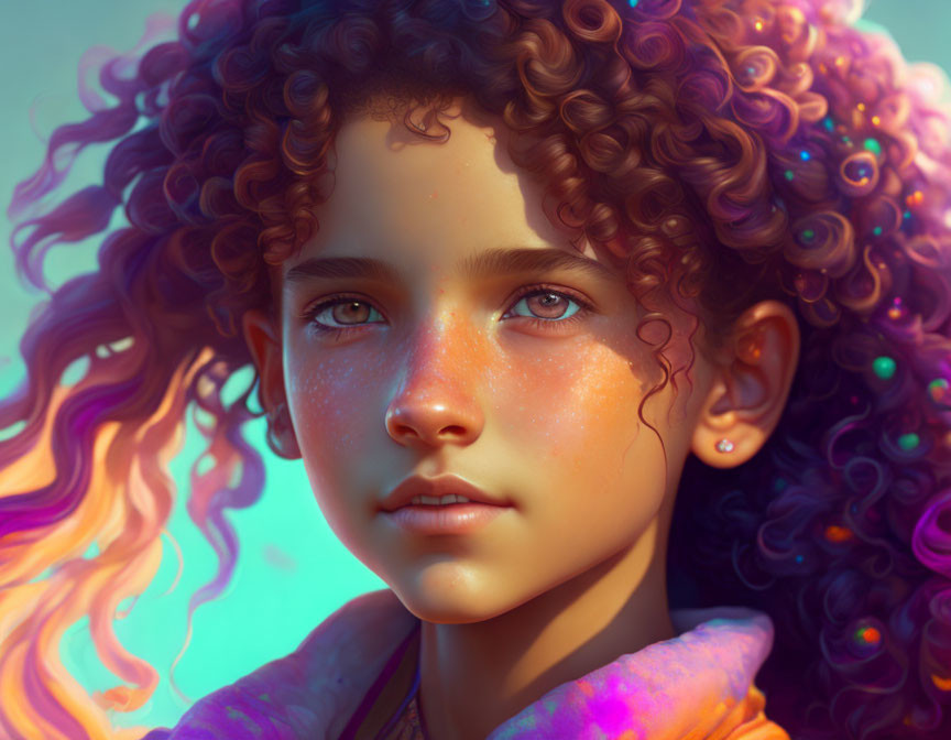 Youthful girl with curly hair in warm, iridescent palette
