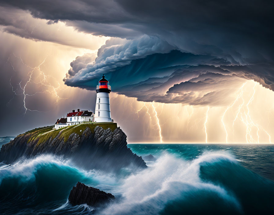 Lighthouse on cliff in stormy sky with lightning and ocean waves