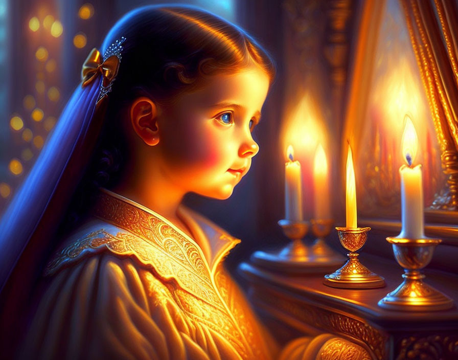 Young girl in golden dress gazes at warm candlelight in rich, luminous setting