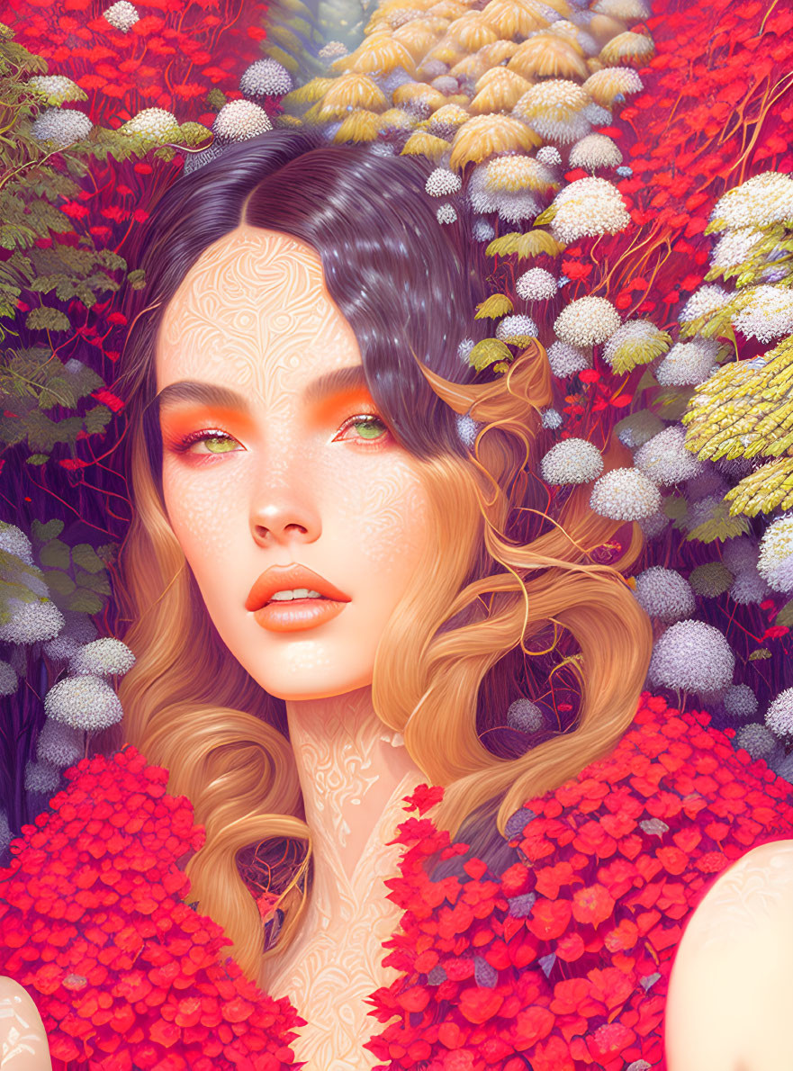 Detailed digital illustration of a woman with skin patterns, red flowers, and white-yellow plants