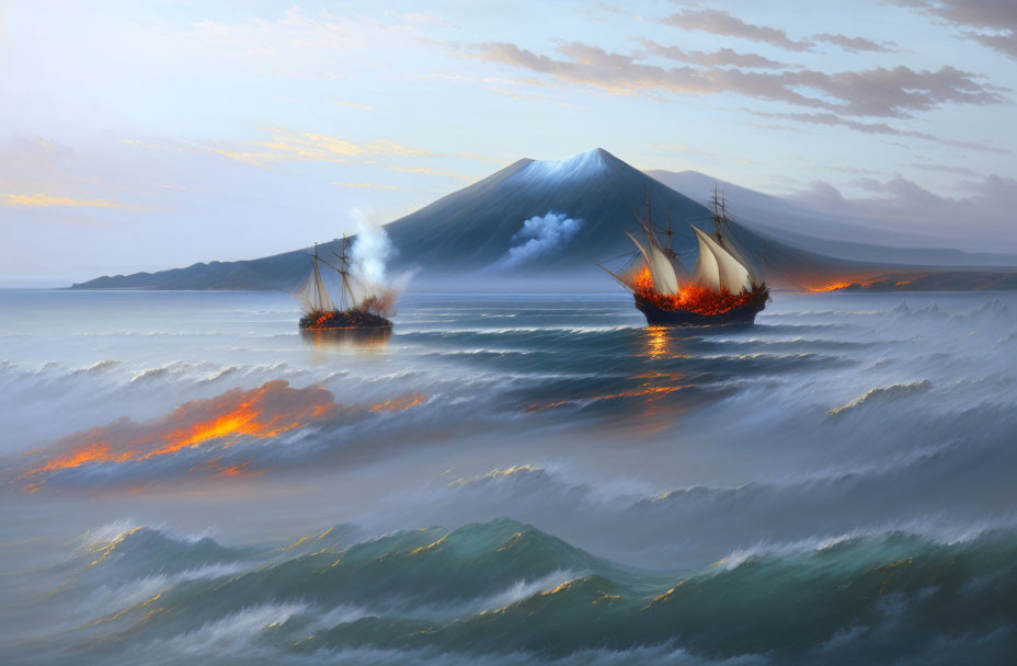 A volcanic eruption and ships on fire