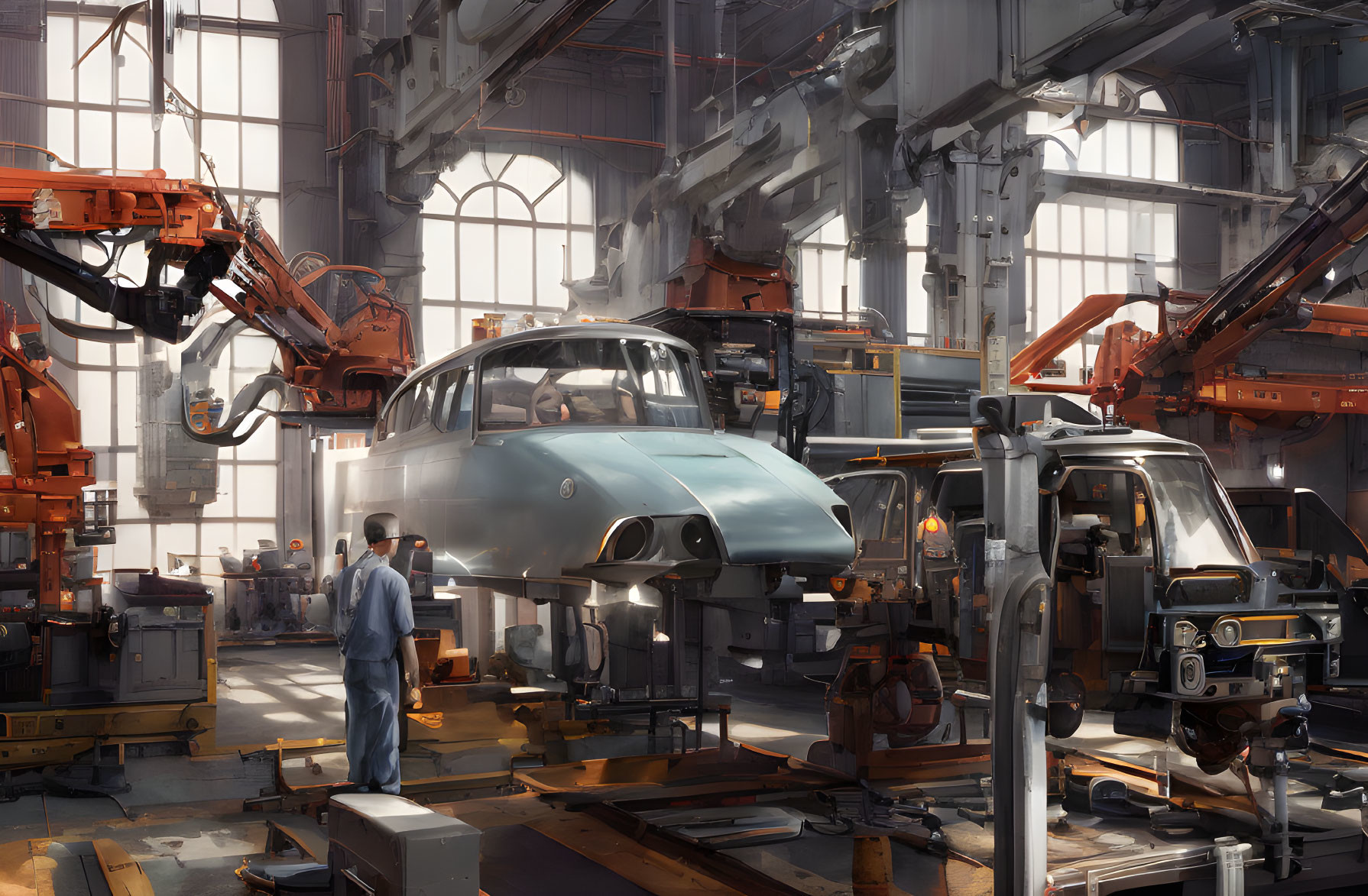 Futuristic industrial hangar with robots assembling advanced vehicle