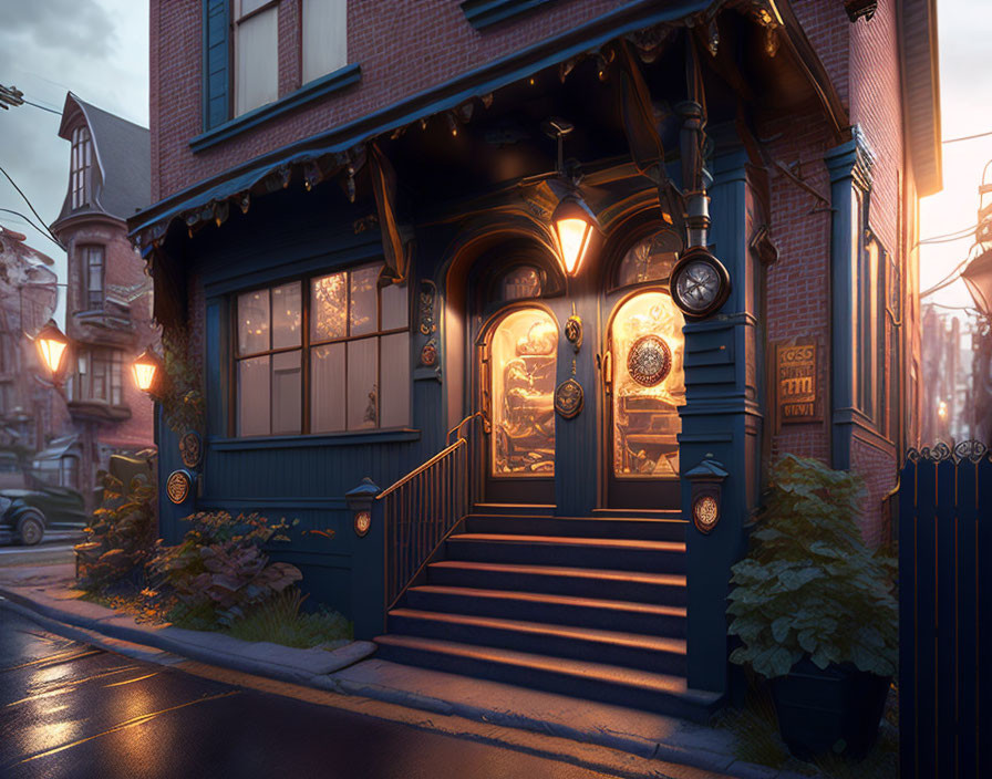 Vintage storefront with warm lighting and classic street clock in twilight scene