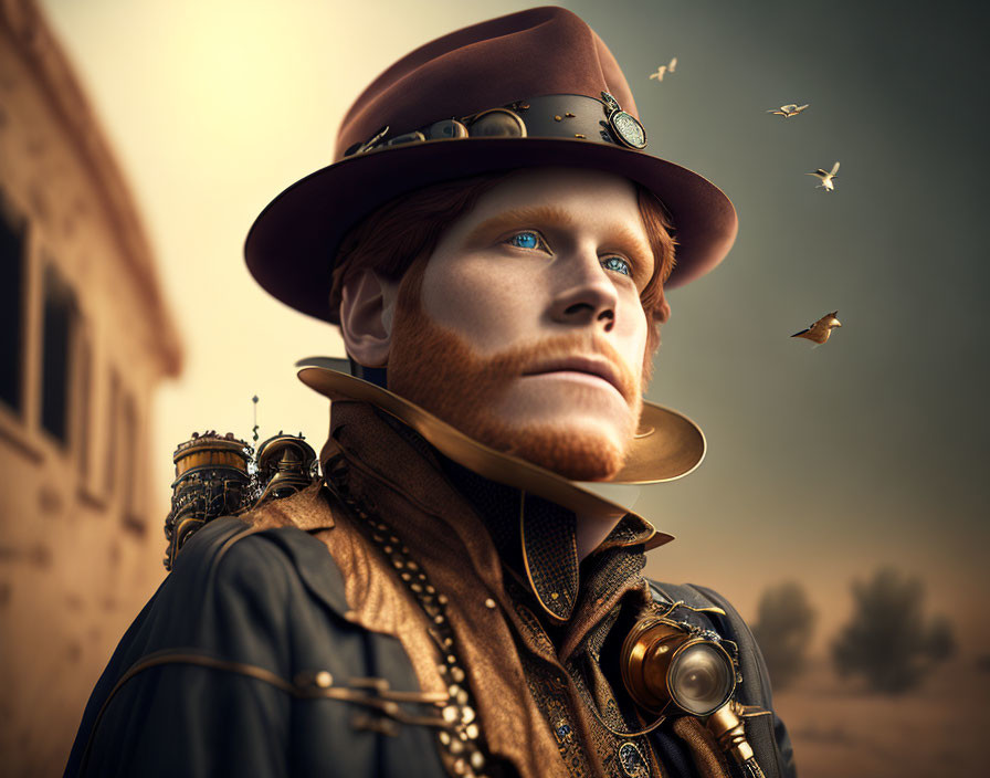 Steampunk-themed man with leather hat and goggles in a bird-filled sky