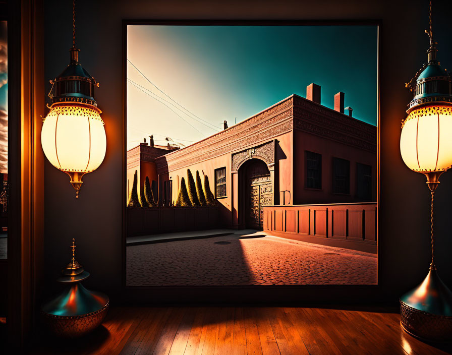 Framed window view of building with lanterns at sunrise or sunset