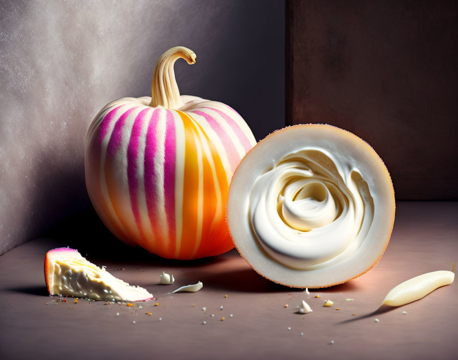 Striped pumpkin with creamy, swirling transformation depicted.