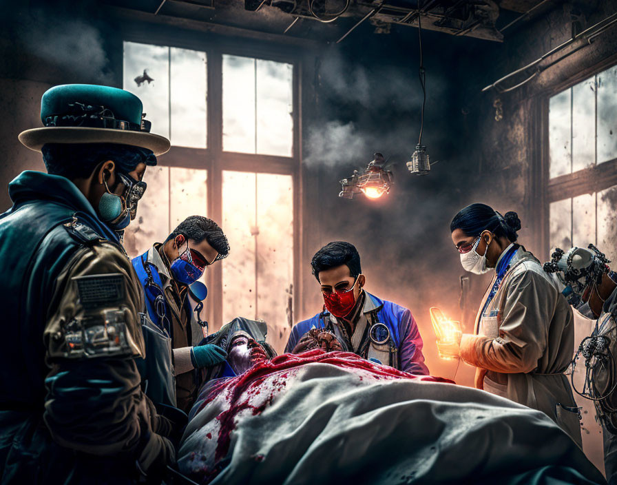 Futuristic medics treating injured person in dystopian setting