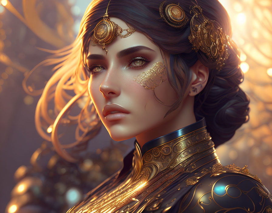 Elaborate gold jewelry and tattoos on woman in digital art