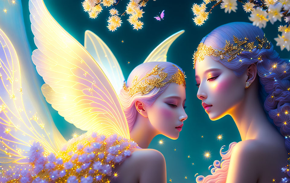 Ethereal fairies with glowing wings in a floral setting on blue background