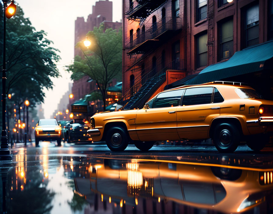 Yellow taxi parked on wet city street at twilight with reflections and streetlights.