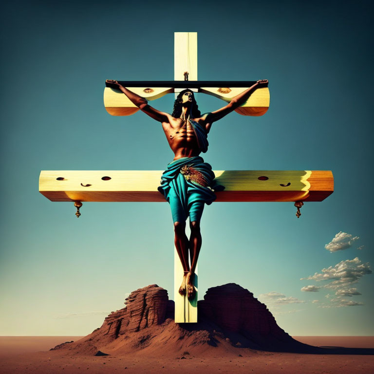 An artist being crucified in the style of Salvador