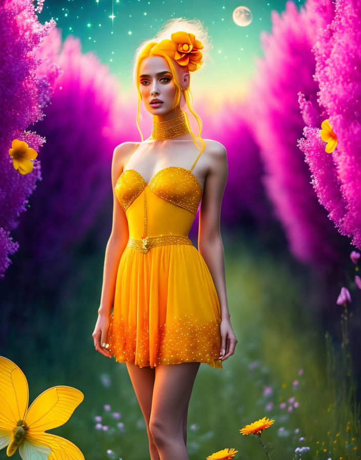 Woman in Yellow Sparkling Dress Surrounded by Purple Flowers at Twilight