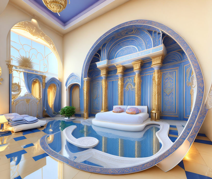 Opulent Blue and Gold Themed Interior with Circular Bed