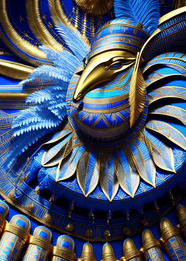 Egyptian falcon deity Horus in blue and gold headdress on vibrant background